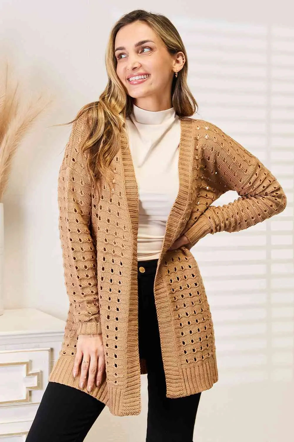 Nouer "Chloé-Vibes Horizontales Cardigan Ouvert en Caramel