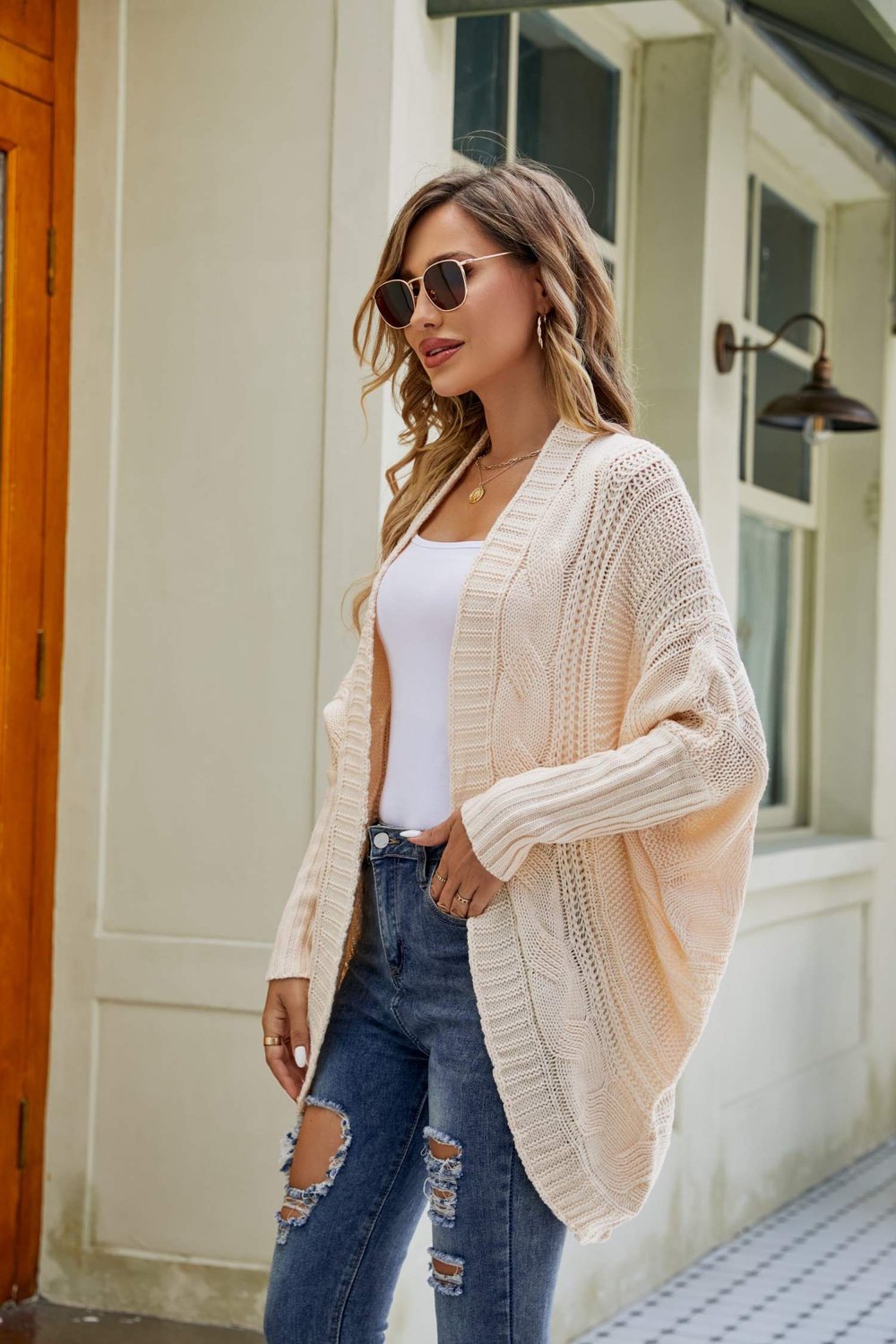 Stylé Cardigan Ouvert à Manches Dolman avec Mélange de Couleurs