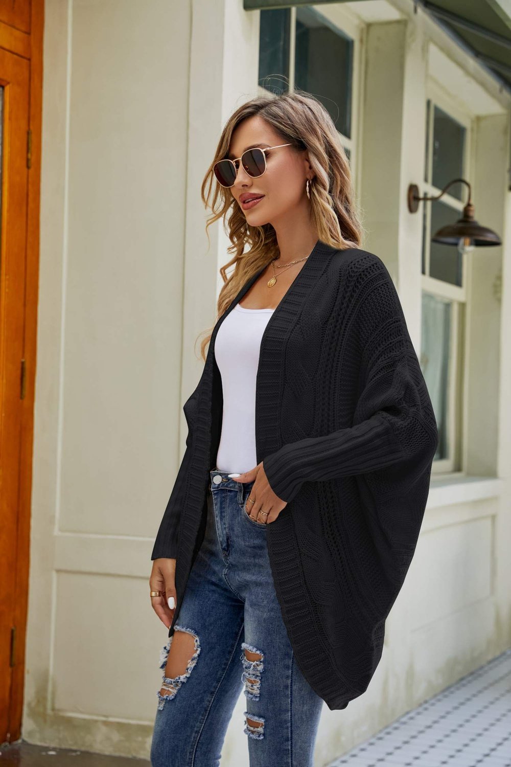 Stylé Cardigan Ouvert à Manches Dolman avec Mélange de Couleurs